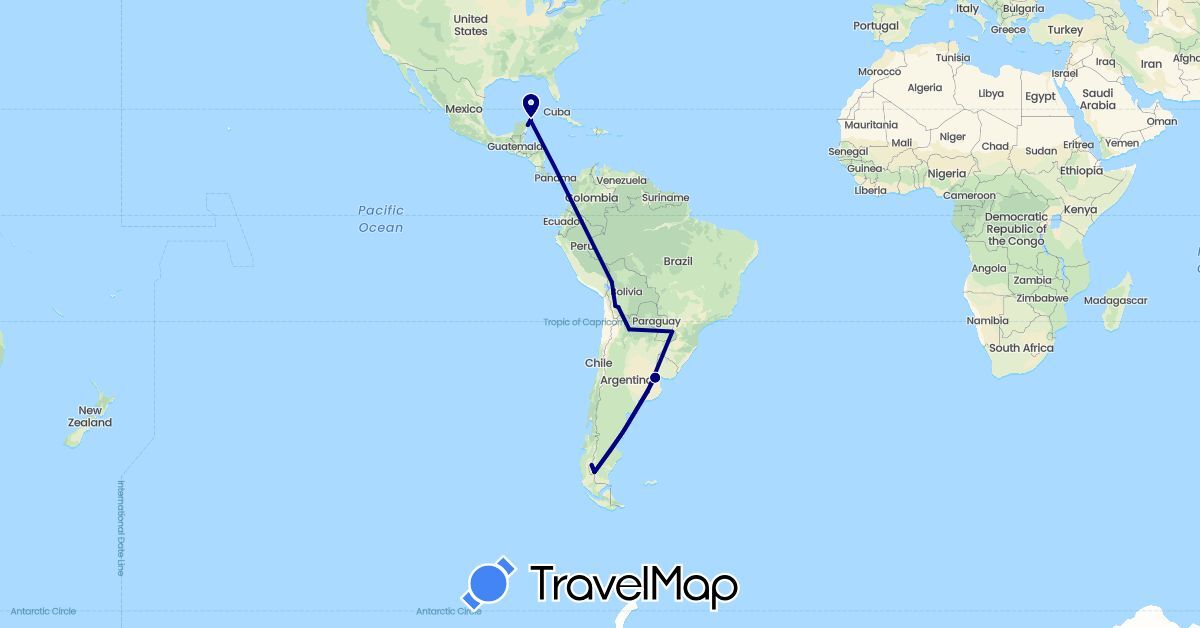 TravelMap itinerary: driving in Argentina, Bolivia, Brazil, Mexico (North America, South America)